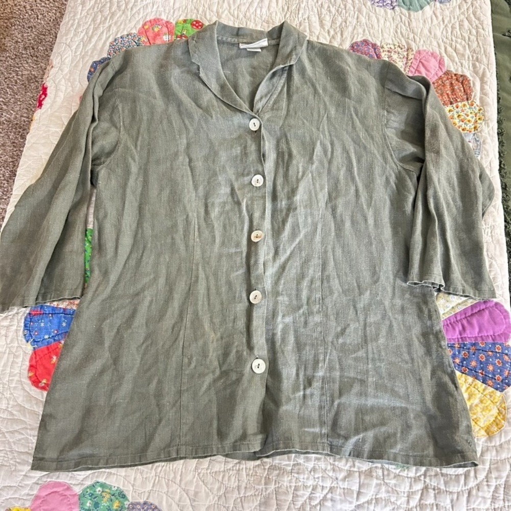 Timbuktu Station womens linen blouse L green boxy Lagenlook minimalist oversized
